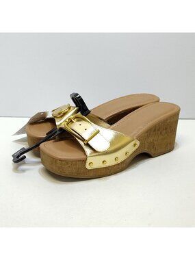 Time and Tru Gold Buckle Cork Wedge Platform Memory Foam Sandals Size 9 NWT
